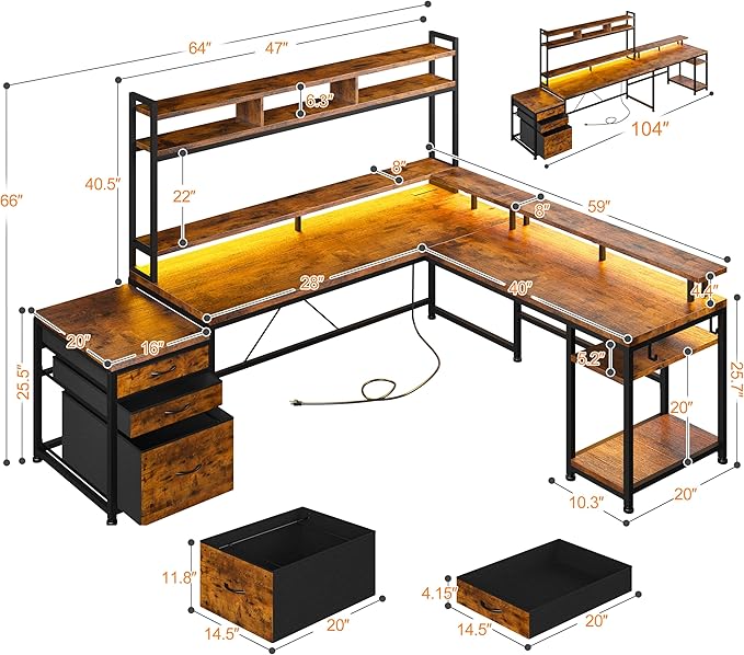 EnHomee 64 x 60 Inches L Shaped Desk with Hutch and Drawers Gaming Desk with Power Outlet &amp Monitor Stand &amp LED Lights Computer Corner Desk Two Person Office Desk for Living Bedroom Rusti