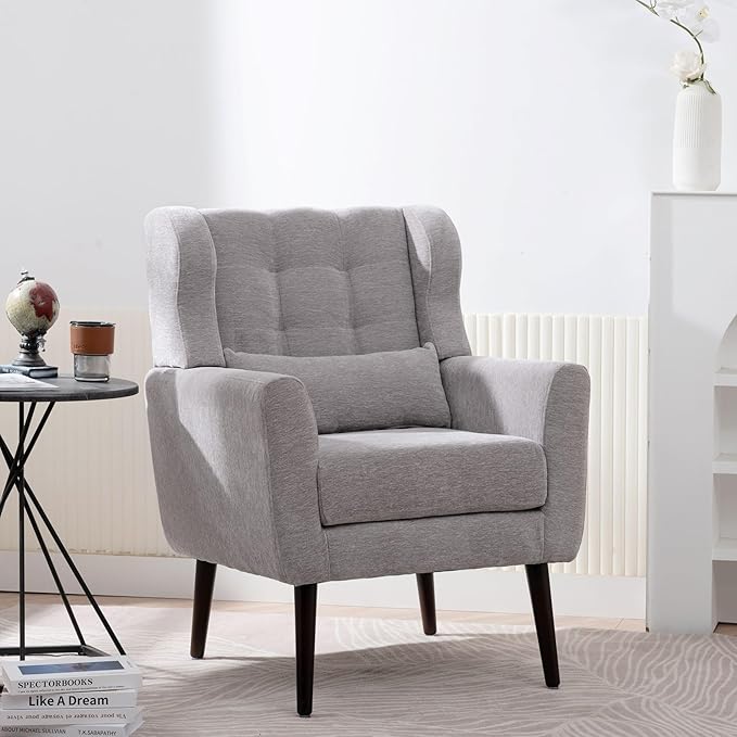 Modern Accent ChairChenille Arm Chairs for Living RoomUpholstered Mordern ArmchairComfy Soft Padded Lounge Chair in Small Space Bedroom w/Pillow Solid Wood Leg (Grey)