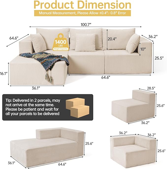 Modular Sectional Sofa Cloud Sectional Couch with L-Shape Chaise Modular Sofa with Deep Seat Upholstered Couches Boneless Sofa for Living Room Black(Left Facing Chaise3PCS)