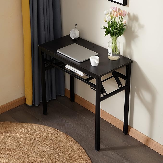 Foldable Laptop Computer Desk Writing Desk Folding Table for Home and Office Modern Style with Storage for Eating Camping and Small Spaces No Assembly Required 2 Tiers Black (31×16)