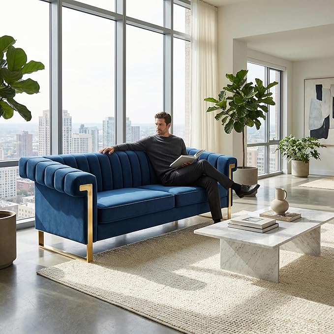 Luxury Velvet 3-Seater Sofa Mid-Century Modern Couch with Gold Metal Legs Waterfall Stitched Back Removable Cushions for Living Room Durable &amp Comfortable (Blue)