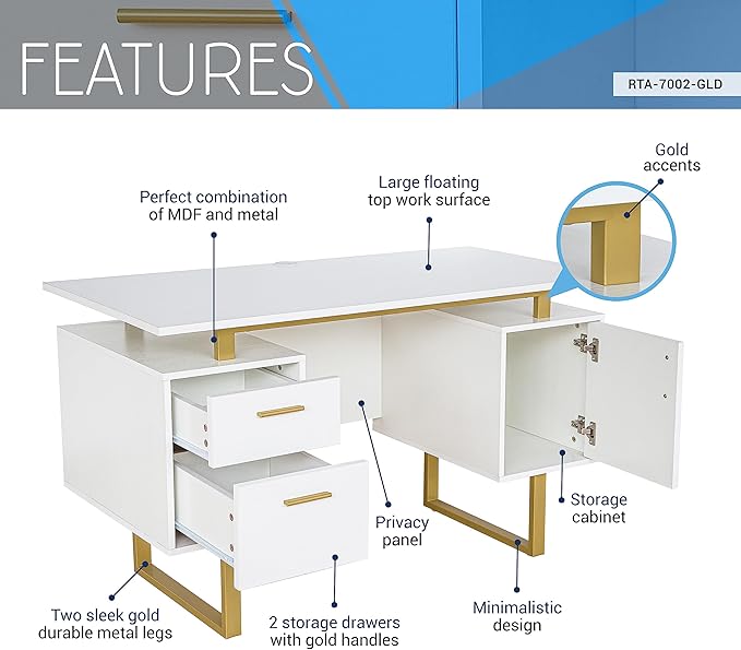Techni Mobili Storage Drawers and Cabinet 51.25” W-Modern Office Large Floating Desktop Surface Desk 23.6 D x 51.2 W x 29.8 H White/Gold