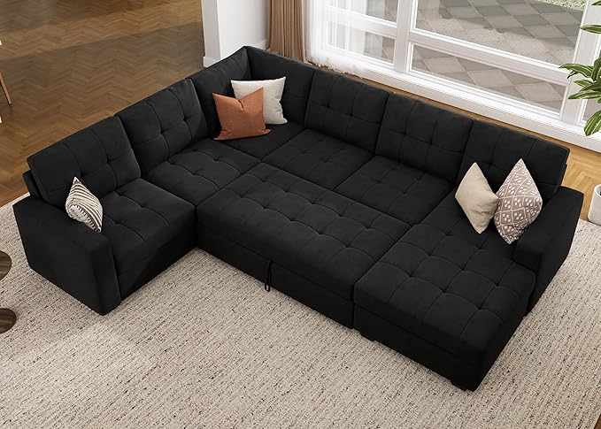 HONBAY Sectional Sleeper Sofa with Pull Out Bed Sleeper Sectional Couch for Living Room Sleeper Sofa Bed with Storage Chaise Velvet Black