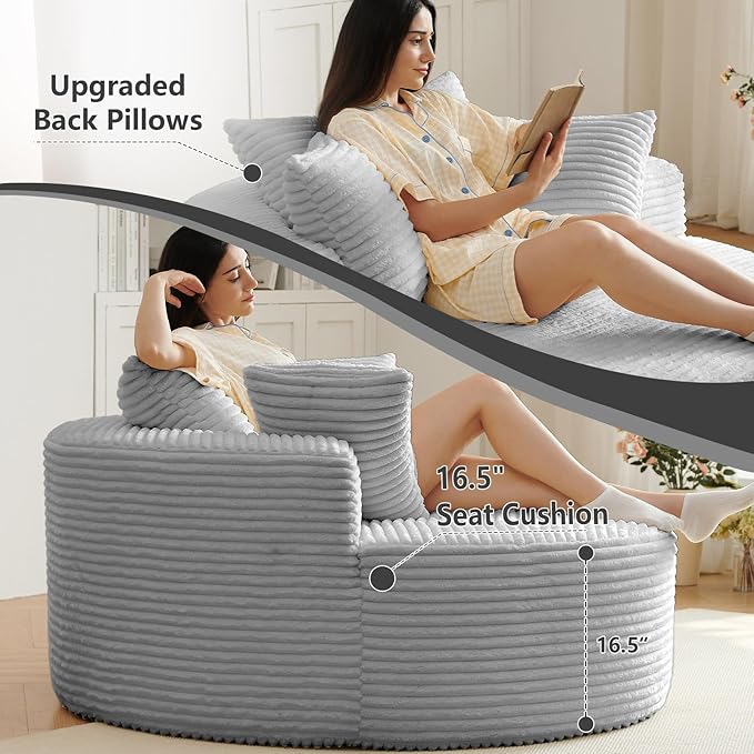 55''L Oversized Round Chaise Longue Chair Indoor Corduroy Sponge Single Sofa Oversized Round Chairs Modern Sleeper Chair for Living RoomProjection Room Wide Armrest Chairs Light Grey