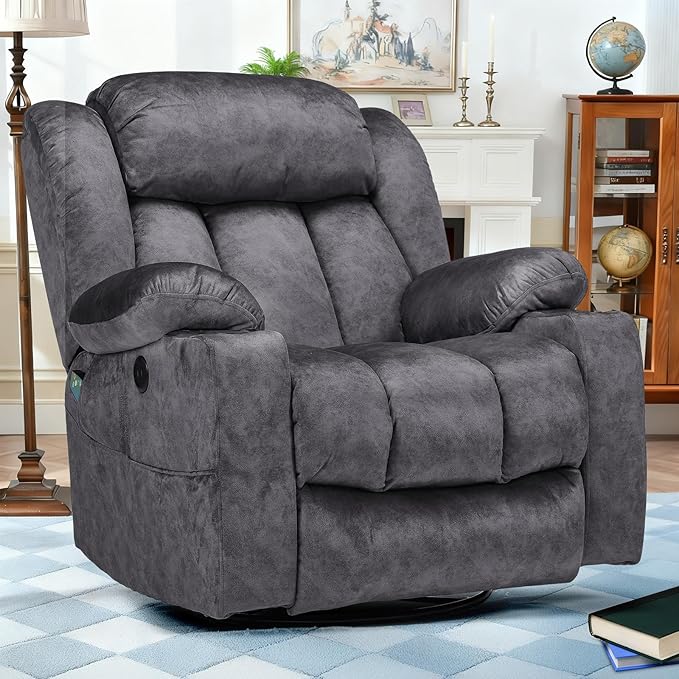 Swivel Rocker Recliner Chair with Heat and Massage Manual Glider Rocking Reclining Chair 360° Swivel Overstuffed Lounge Chair with 2 Cup Holders Side Pockets &amp USB Ports Fabric Grey