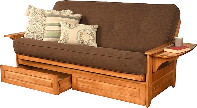 Kodiak Furniture Phoenix Full Size Futon in Butternut Finish with Storage Drawers Linen Cocoa