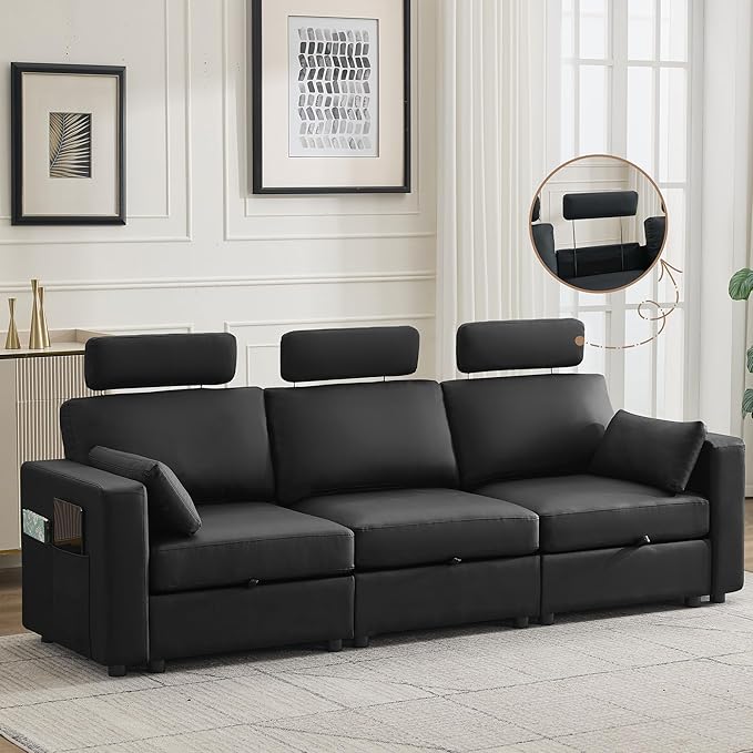 98.2 Oversized 3 Seater Storage Couch Faux Leather Modular Sectional Sofa with Headrest &amp Side Pockets Cloud Upholstered Couches Deep Seat Sofas for Living Room Apartment Small Spaces Black