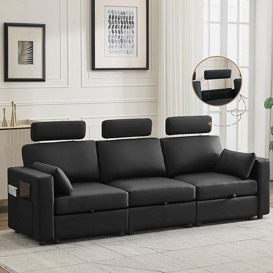 98.2 Oversized 3 Seater Storage Couch Faux Leather Modular Sectional Sofa with Headrest &amp Side Pockets Cloud Upholstered Couches Deep Seat Sofas for Living Room Apartment Small Spaces Black