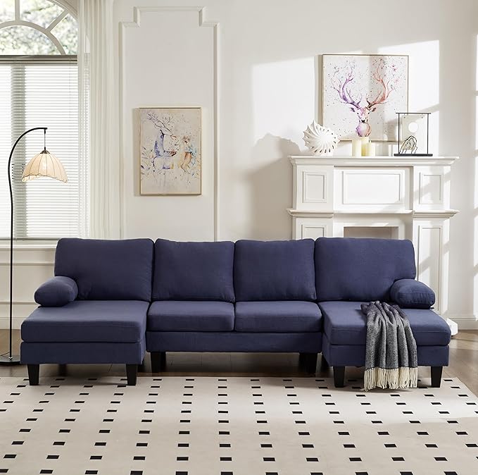 U Shaped Sectional Couches for Living Room 106.3 Modular Sofa with Double Chaises 4-Seater Sofa with Memory Foam Cushions Comfy Sectional Couches for Apartment Reception Room Blue