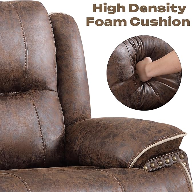 EBELLO Faux Leather Manual Recliner Loveseat 2 Seater Reclining Sofa Chair with Center Console Hidden Storage and Cup Holders Vintage Rivet Mid-Century Design for Living Room Meeting Room Brown