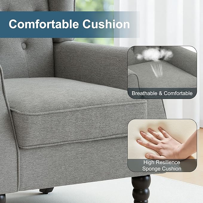Accent Chair High Back Upholstered Chair with Button Tufted Mid-Century Modern Comfy Wingback Chair Reading Armchair in Fabric for Living Room for Bedroom Office-Light Gray