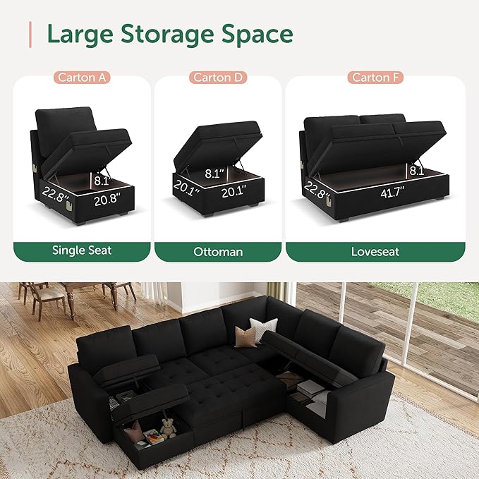 HONBAY Modular Sectional Couch with Pull Out Bed Sleeper Sofa with Storage U Shaped Modular Sectional Couches for Living RoomVelvet Black