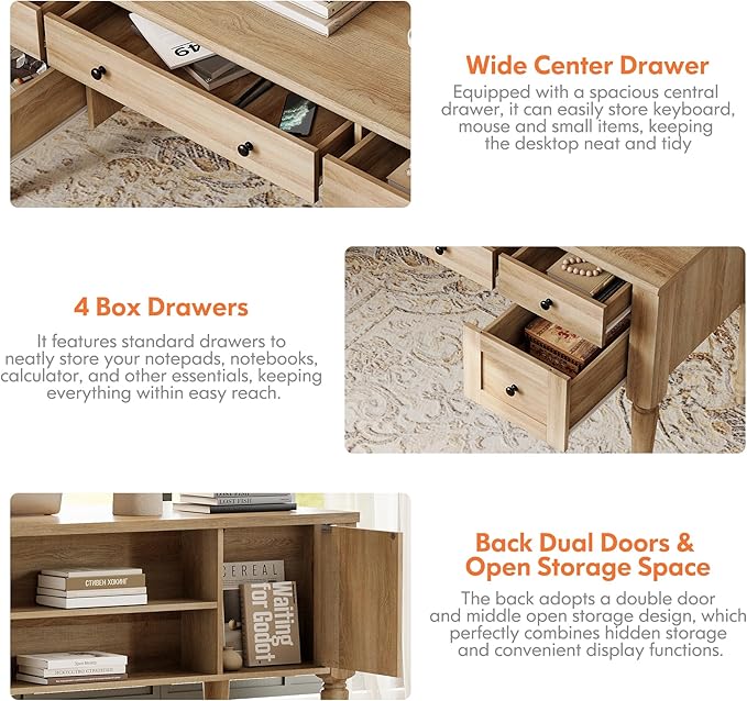WAMAPT Farmhouse Executive Desk with 5 Drawers Home Office Desk with Charging Station Wood Computer Desk with File Cabinet Storage Door Open Shelf for Work and Study Oak 55 inch