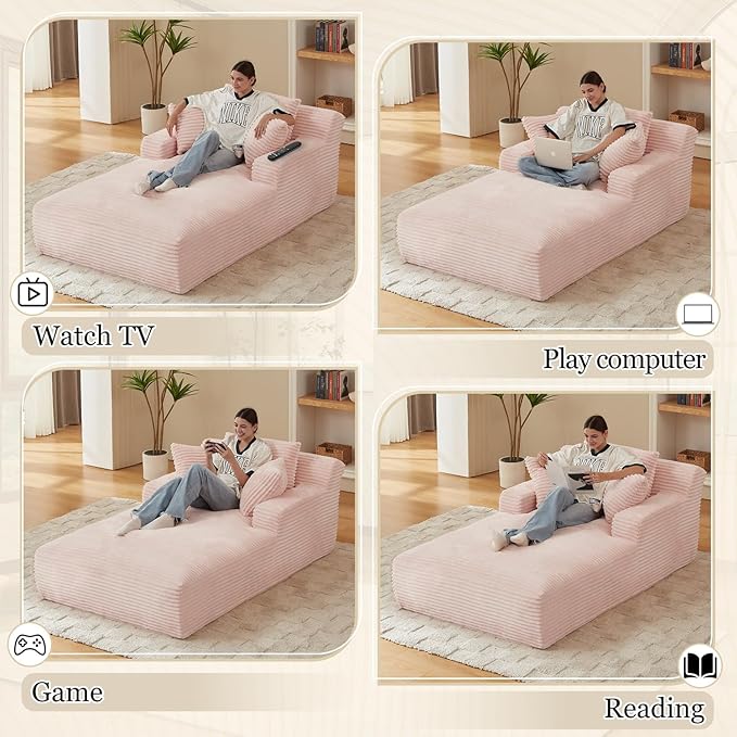 80 Inch Oversized Chaise Lounge Chair IndoorBoneless Corduroy Sofa Bed with Spring CushionDeep Seat Cloud Couch and Reading LoungerSoft Sleeper Sofa for Living RoomNo Assembly Required (Pink)