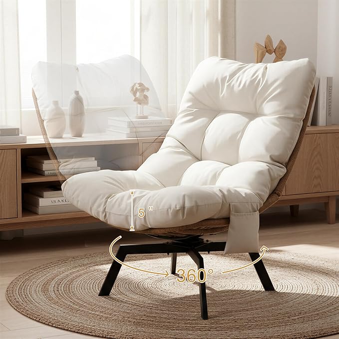 JAMFLY Accent Chair Modern Wicker Swivel Living Room Chairs with Oversized Seat &amp Cushion Papasan Chair Metal Frame Phone Pocket for Bedroom Study Balcony Beige