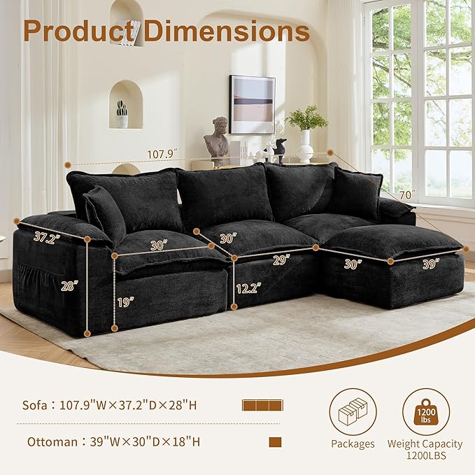 108 Sectional Couches for Living Room Modular Boneless Couch with Deep Seat &amp Fluffy Cushion Cozy Double-Layer Cushioned Sofa with Convertible Ottoman Comfy Cloud Sofa No Assembly Required
