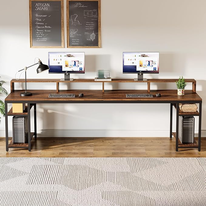 Tribesigns 78.74 Inches Extra Long Two-Person Desk Double Computer Desk with Monitor Stand and Storage Shelves Study Work Table for Home Office (Rustic Brown)