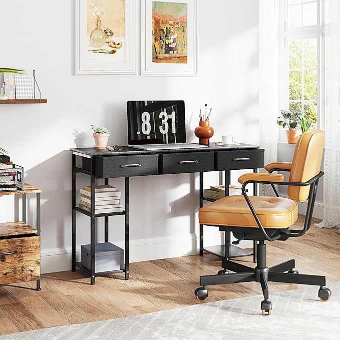 HOMCOM 47 Computer Desk with 3 Fabric Drawers Home Office Desk with Adjustable Shelves Small Writing Desk with Storage Black
