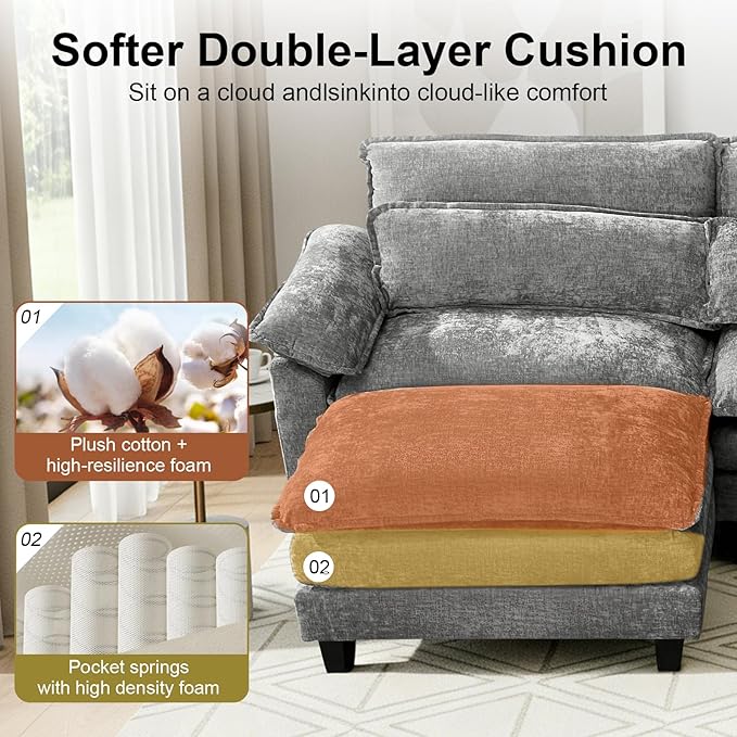 113'' Modular Sectional SofaL Shaped Couch with Movable Ottoman Comfy Cloud Sofa with Deep Seat 3 Seat Convertible Sectional Couches for Living Room with USB Charging &amp Side Pockets(Grey)