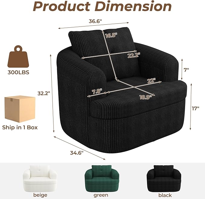 Swivel Accent Chair Modern 360 Degree Swivel Barrel Chairs 36.6 W Corduroy Upholstered Barrel Accent Armchair Comfy Oversized Single Sofa Boneless Chair for Living Room Bedroom Black