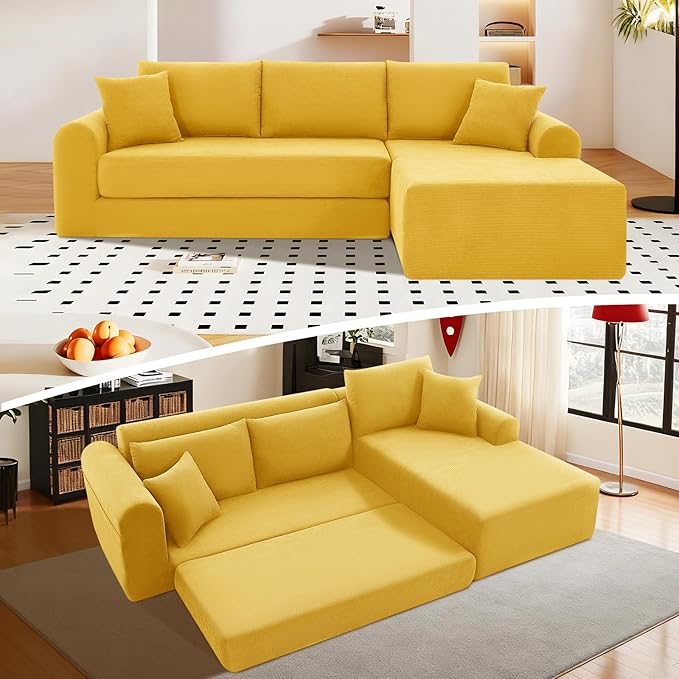 KBQ Modular Sectional Couch in a Box 103 L Shaped Boneless Cloud Couch with Deep Seat Convertible Sofa Bed for Living Room Bedroom Apartments No Assembly Required Yellow Right Facing Chaise
