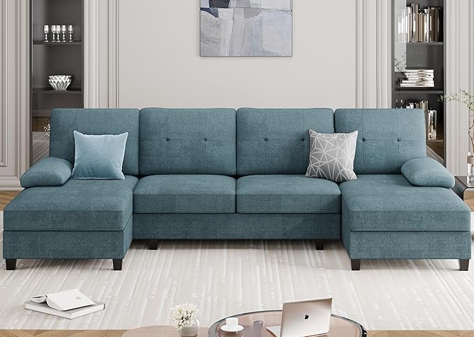 Meilocar Sectional Couches for Living Room 106 in U Shaped Couch Soft Sectional Sofa with Double Chaise Comfortable 4 Seat Sofa Couch (Blue) | Breathable Fabric Double Chaise