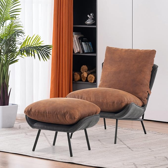 MCombo Modern Accent Chair with Ottoman Leathaire Fabric Armless Chair Upholstered Leisure Chairs for Small Space Living Room &amp Bedroom LW951 (Saddle)