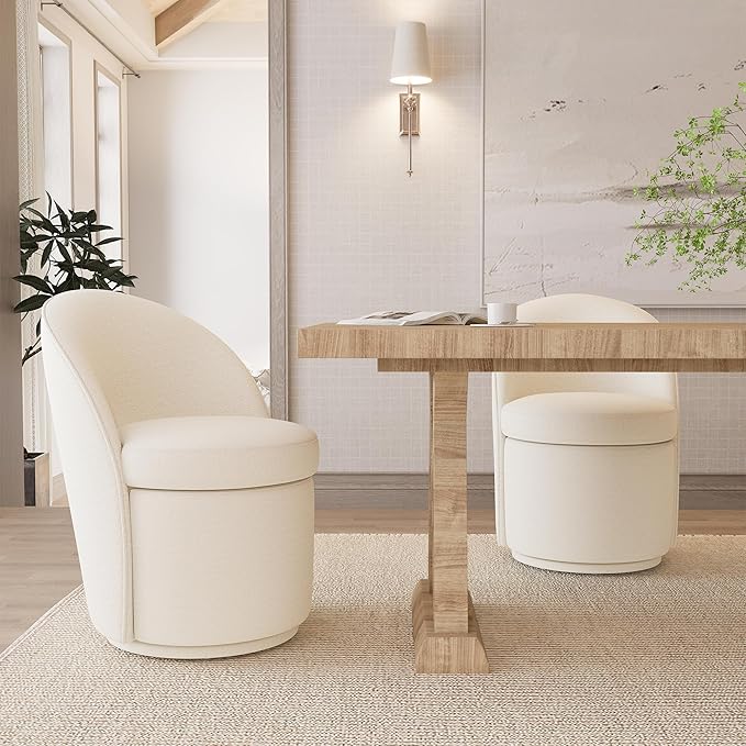 Rowill 360 Degree Swivel Vanity Chair with Back Modern Round Upholstered Accent Chairs Boucle Fabric for Living Room Reading Nook Makeup &amp Vanity Chair Easy Assembly White