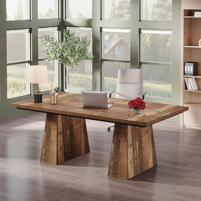 Tribesigns 63-Inch Executive Desk Modern Office Computer Desk with Sturdy Double Pedestal Large Study Writing Table Simple Workstations for Home Office Natural