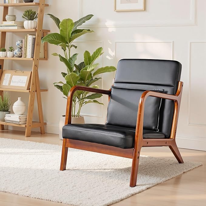 VECELO Mid-Century Modern Accent Chair with Faux Leather Cushion &amp Solid Wood Frame Lounge Armchair for Living Room Bedroom Office Black