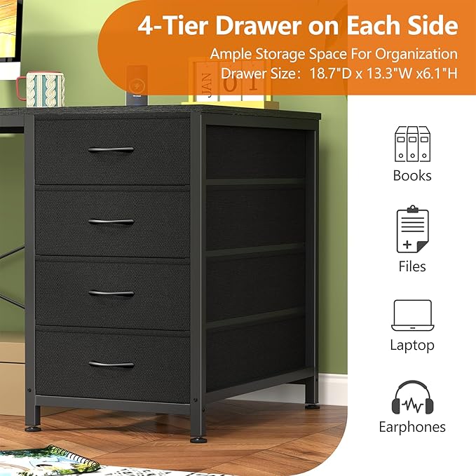60 Inch Computer Desk with 8 Drawers Home Office Desk with Power Outlets Work Study Gaming Desk with 8 Fabric Drawers Black