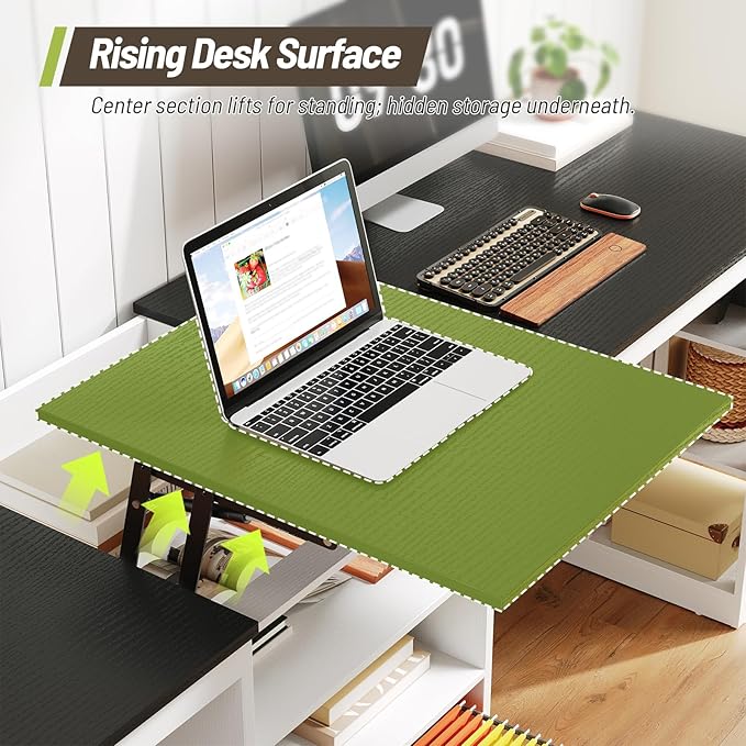 Farmhouse 96.5 Computer Desk for 2 Person Two Person Desk with Drawer &amp Shelves Long Writing Desk with Rising Table and Pegboard for Home Office Black and White