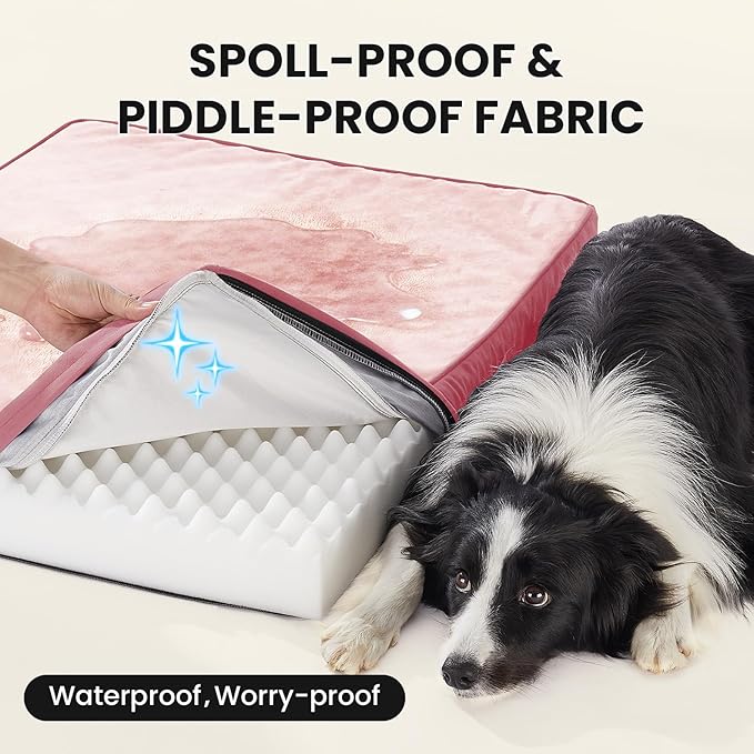OhGeni Orthopedic Waterproof Dog Bed for Medium Large Dogs Machine-Washable Removable Cover in Easy-Clean Fabric High Density Foam &amp Easy-Carry Handle Suitable for Crate 35 inch (Pink)