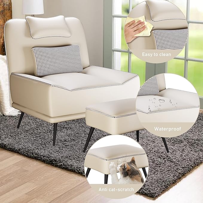 Yongqiang Faux Leather Accent Chair with Ottoman Modern Upholstered Large Sofa Chair for Living Room Bedroom Lounge Chair Armless Accent Chair and Ottoman Set Beige