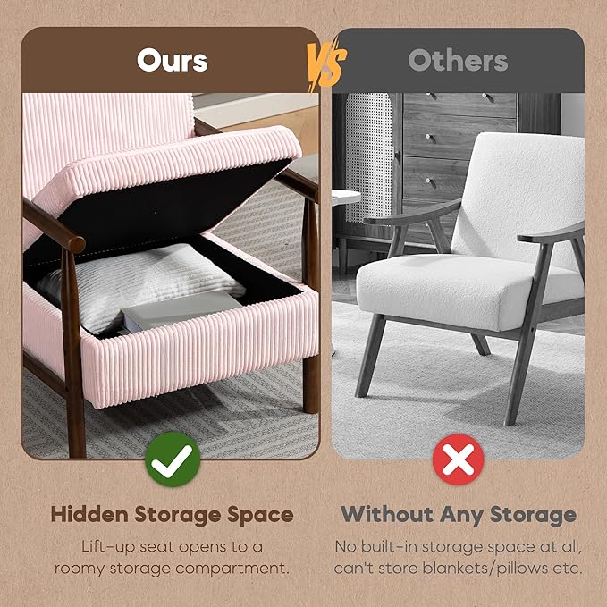 Yoglad Accent Chair with Storage Corduroy Fabric Reading Chair with Wood Frame Mid Century Modern Storage Armchair for Living Room Bedroom Apartment(Light Pink)