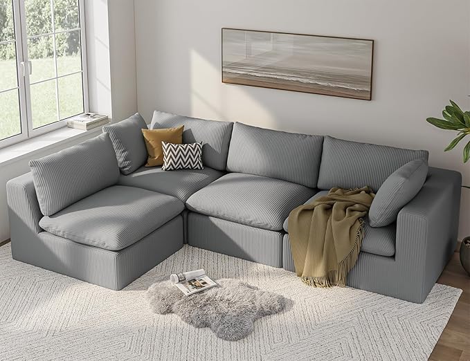 ARSURA 106” Cloud Couch for Living Room | L-Shaped Boneless Couch | Modular Sectional Couch | Corduroy Grey