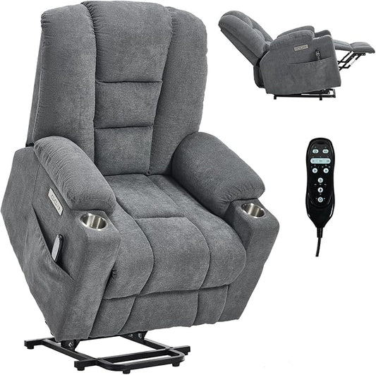 Power Lift Chair with Massage &amp Heat Electric Recliner Chairs for Adults Remote Control Sofa for Living Room Standing Assistance USB Ports Stainless Steel Cup Holders (Grey1)