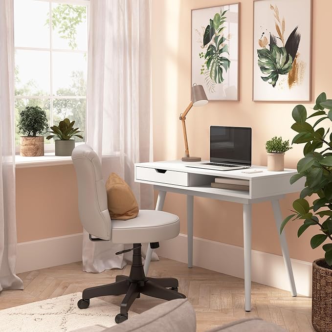 Nora 40W Writing Desk in Pure White | Compact Writing Table with Storage Workstation for Home Office or Study Room