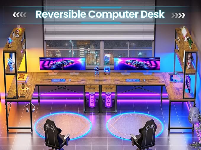 SEDETA L Shaped Gaming Desk 51.2 Reversible Small Corner Desk with Drawer Power Outlet &amp LED Lights Computer Desk with Storage Shelves for Small Space Rustic Brown