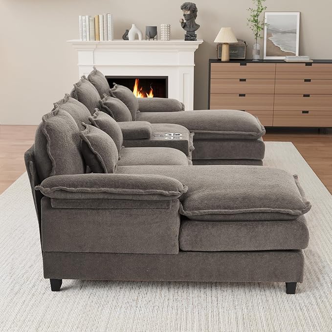 OUYESSIR U Shaped Cloud Sectional Couch 124 Fluffy Modular Sofa Set with Double Chaise Lounge Central Console &amp USB Port Comfy Chenille Big Sectional Couches for Living Room Stone Grey