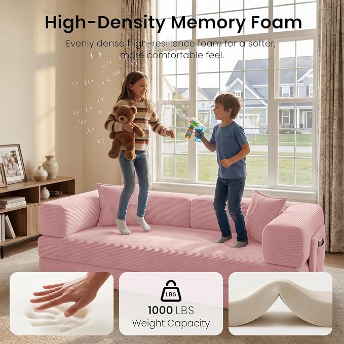 78.8 Convertible Futon Sofa BedCorduroy Futon Couch with Storage PocketFolding Pull Out SofaNo Assembly Boneless Couch for Living Room | Pink