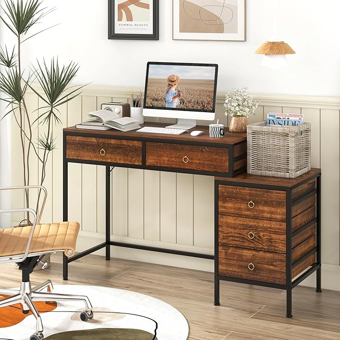 Tangkula Computer Desk with 5 Drawers 51 Home Office Desk with Printer Stand Metal Frame Study Writing Table Industrial Computer Workstation PC Desk for Bedroom Office Small Space Rustic Brown