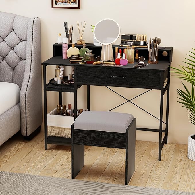 Tangkula Small Computer Desk with Power Outlets 42 Writing Desk with Hutch Drawer &amp 2 Open Shelves Gaming Table with Heavy-Duty Metal Frame for Home Office (Black)