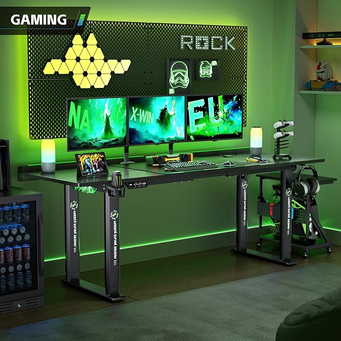 71 x 30 Gaming Standing Desk 4-Leg Electric Height Adjustable Sit to Stand Desk with LED Light and Locking Wheels Flip-Top Design Ergonomic Computer Desk Carbon Fiber Texture