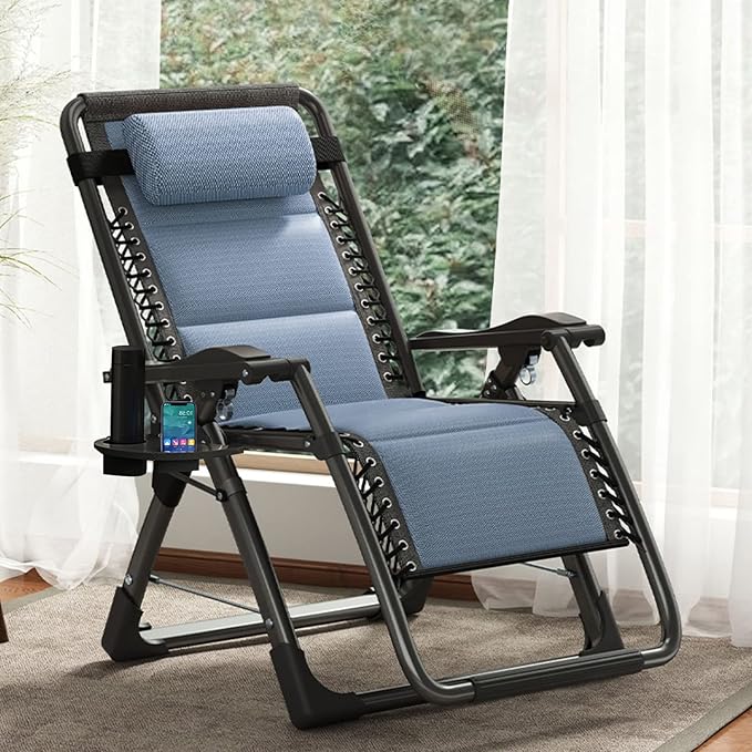 DoCred Comfy Folding Recliner Chair for Bedroom Living Room &amp Patio - Ice Touch Lounge Chair with Removable Tray for Indoor Outdoor