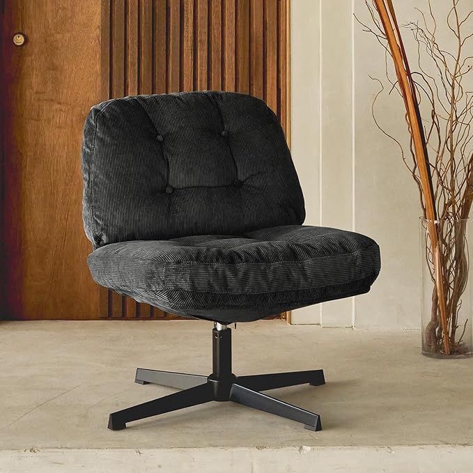 Nouhaus Balloon Criss Cross Chair Cross Legged Swivel Vanity Chair with Wide Comfy Padded Seat Armless No Wheels Fabric Modern Home Lounge Chairs for Living RoomBedroom(Black)