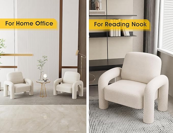Modern Sherpa Accent Chair Teddy Upholstered Arm Single Sofa Cozy Fluffy Reading Chair for Living Room Bedrooms Corner (Cream White)