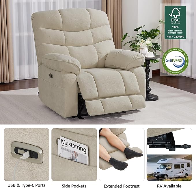 MCombo 27'' Oversized Recliner Power Recliner Chair for Big and Tall Zero Gravity Recliner with USB Charge Ports Side Pockets for Living Room Fabric PR677 (Beige)