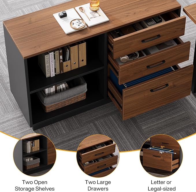 Tribesigns 63‘’ L-Shaped Executive Desk Office Table with 39.37-Inch Drawers Cabinet Large Computer Desk with Storage Shelves Business Furniture Set for Home Office Brown &amp Black