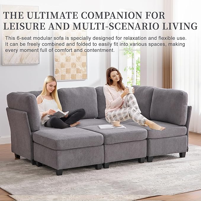 113 U Shaped Modular Sectional Sofa Couch with Storage Ottoman 6 Seat Convertible Upholstered Deep Seat Sleeper Sofa with Chaise Lounge Cloud Couch for Living Room Grey
